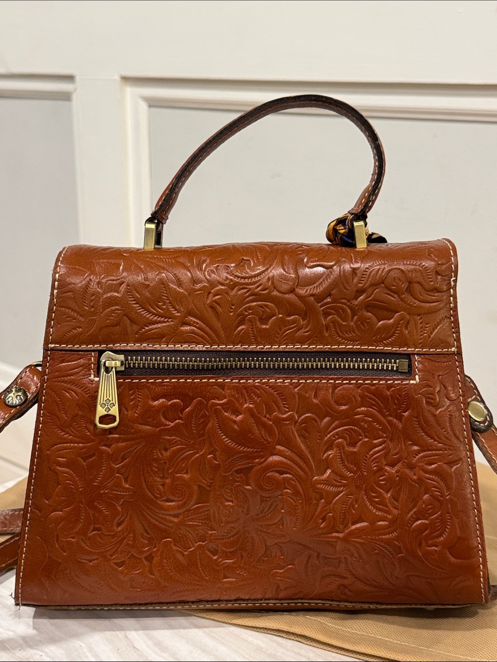 Patricia Nash Chauny Tooled Floral Embossed Brown Leather Satchel - Picture 7 of 17